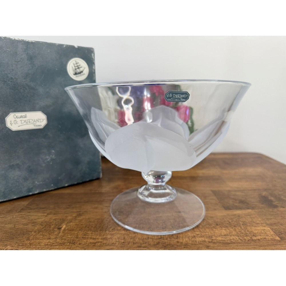 J.G. Durand France Florence Crystal Compote Frosted Floral Bowl‎ Original Box
